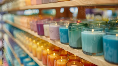 Wallpaper Mural A colorful array of handcrafted candles with different scents and sizes neatly displayed on shelves. Torontodigital.ca