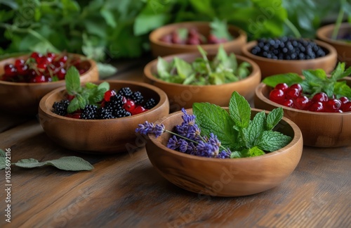 Assorted Fresh Berries and Herbs in Rustic Wooden Bowls on Wooden Table Healthy Organic and Nutritious Superfoods for Wholesome Snacking Cooking or Lifestyle