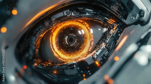 futuristic close-up of a robotic eye embedded with advanced circuitry, showcasing intricate designs and glowing elements, representing the intersection of technology and vision