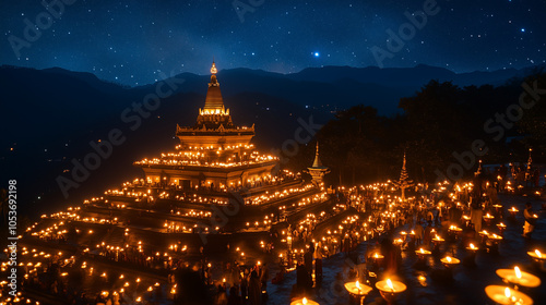 Galdan Namchot, a hilltop temple lit by candlelight and flickering lamps, Ai generated images photo