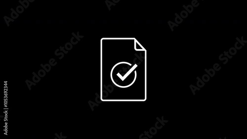 An animated white document icon with a checkmark is displayed on a black background. Alpha channel.