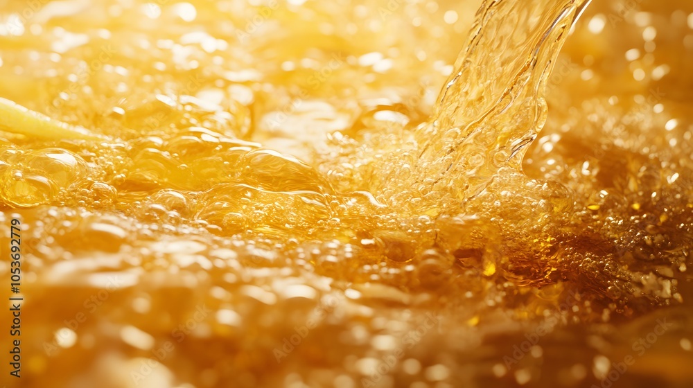 Golden crispy french fries in bubbling hot oil, extreme macro shot, cooking process, oil bubbles, deep frying action, steam rising, warm tones, textural details. Golden crispy french fries in bubbling hot oil, extreme macro shot, cooking process, oil bubbles, deep frying action, steam rising, warm tones, textural details.