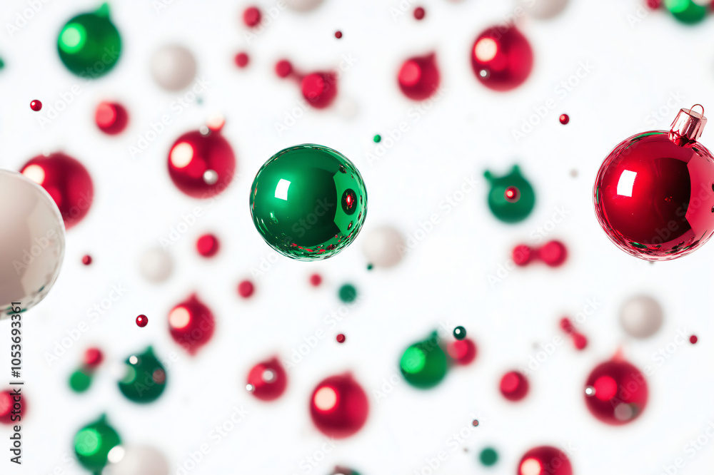 Christmas background with red, green and white baubles floating on white background Christmas background with red, green and white baubles floating on white background