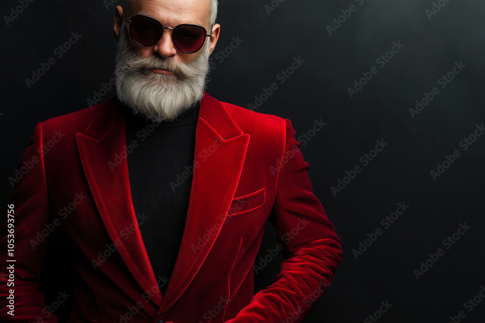 Obraz premium Portrait of a confident businessman wearing a red velvet jacket and sunglasses, exuding style and sophistication