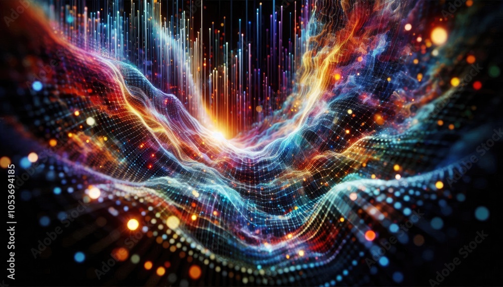 Obraz premium Digital Wave of Deep Learning Network - Interconnected Data Streams and Neural Layers, Futuristic AI Art Concept, No People