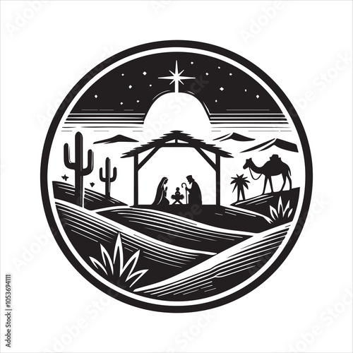 Nativity scene Silhouette ClipArt - Nativity of Jesus Vector illustration in black and white
