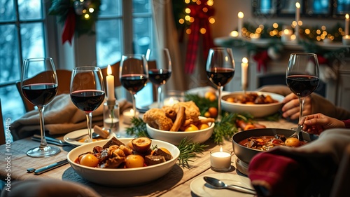 Cozy Dinner Table with Red Wine and Festive Decor photo