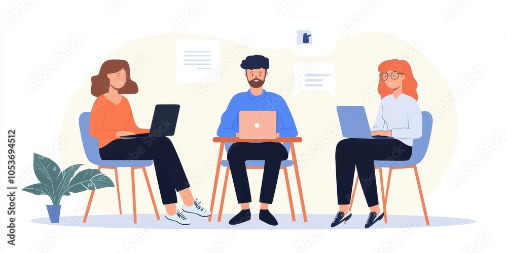 Fototapeta premium Three professionals collaborating at a table with laptops, white isolated background.