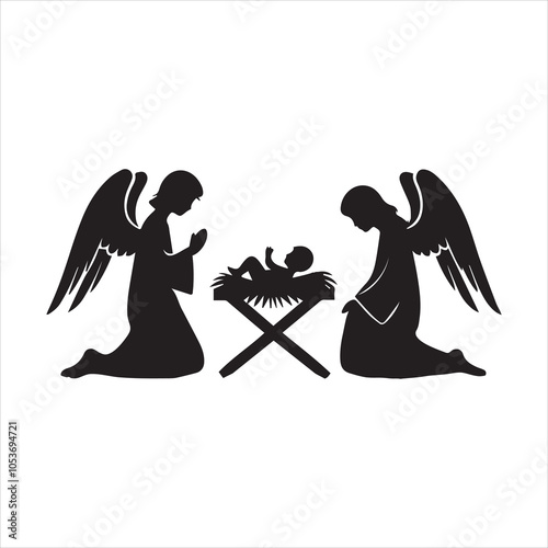 Nativity scene Silhouette ClipArt - Nativity of Jesus Vector illustration in black and white
