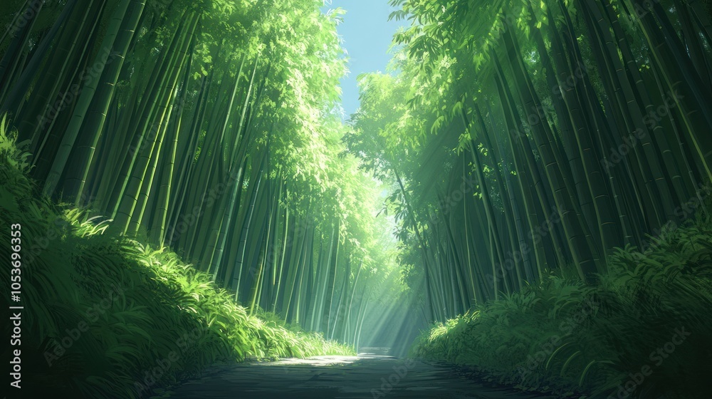 Obraz premium A path through a dense bamboo forest, sunlight streaming through the leaves.
