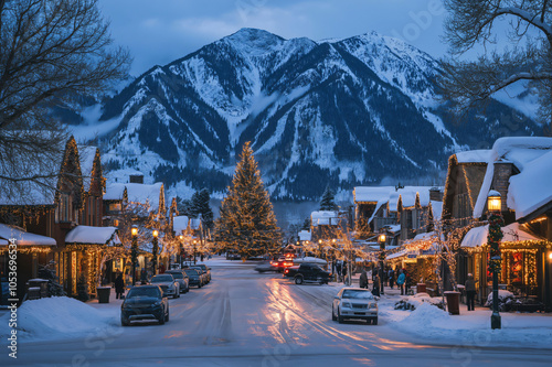 Snowy street is glowing with christmas lights in a charming village at the foot of snow capped mountains photo