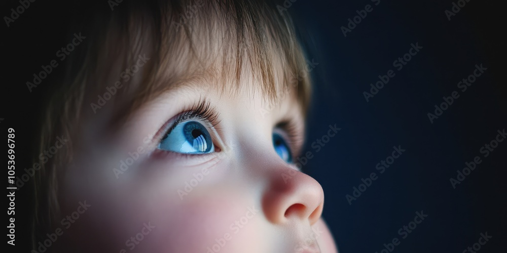 Child gazing upward with curious eyes, dramatic lighting, focused expression. Child gazing upward with curious eyes, dramatic lighting, focused expression.