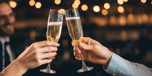 Cheers with champagne glasses, blurred festive background. photo