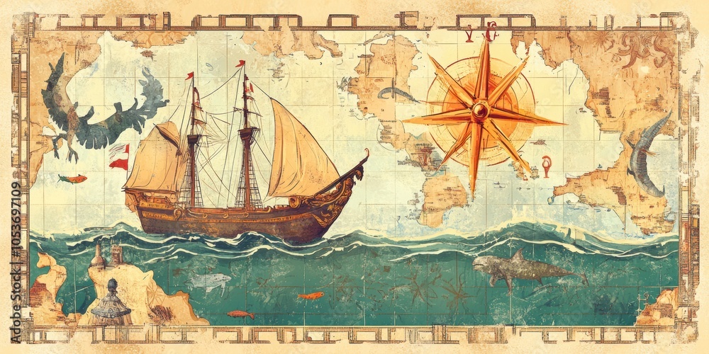 A vintage map-style illustration featuring an ancient sailing ship ...