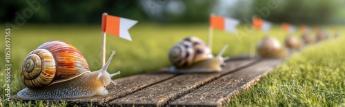 Snails racing on a wooden plank with a checkered flag at the finish line, a conceptual image.