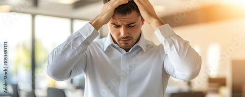 29 Businessman pausing midtask, symbolizing the toll burnout takes on productivity, close up, resilience theme, realistic, Fusion, quiet office backdrop photo