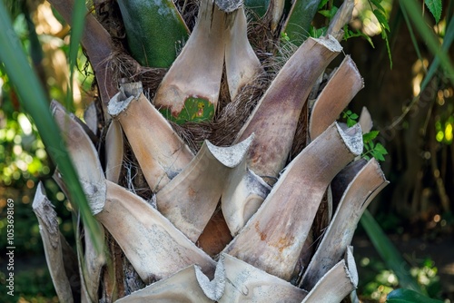 Bark of Sabal bermudana in family Arecaceae. Texture of palm tree in the genus Sabal. Trunk of Bermuda palmetto or bibby-tree. Botanical garden Puerto de la Cruz, Tenerife. Nature concept. photo