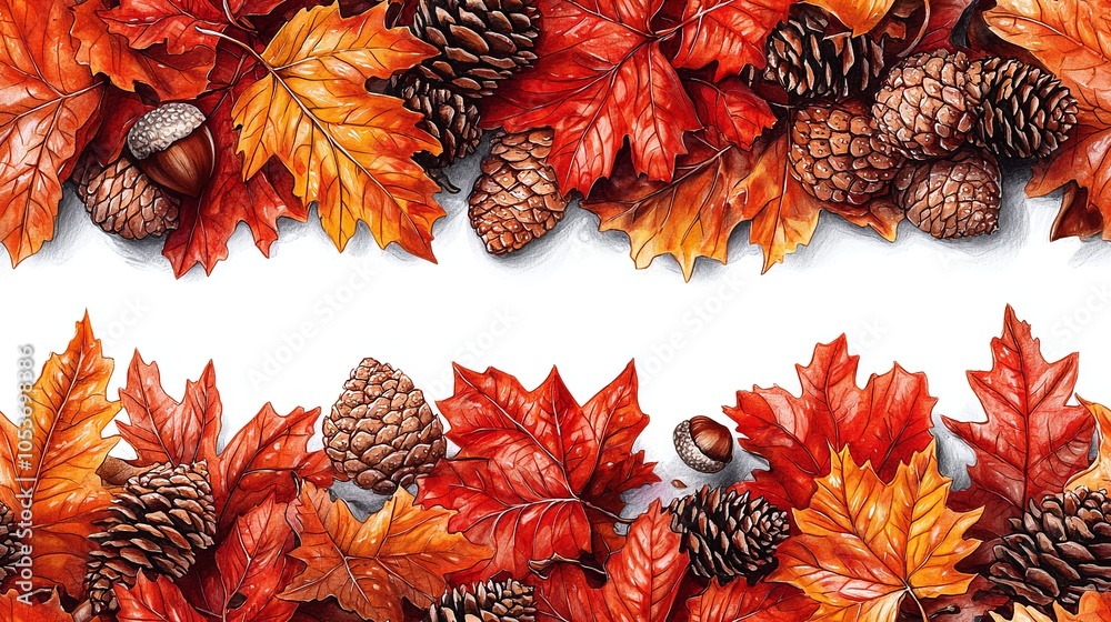 Fototapeta premium Vibrant Autumn Leaves and Pine Cones Illustration
