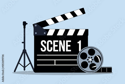Clapperboard with text scene 1, movie and cinema concept, white background
