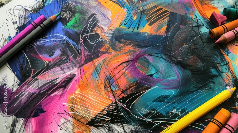 Fototapeta premium Abstract Artwork with Crayons and Pencil on White Paper