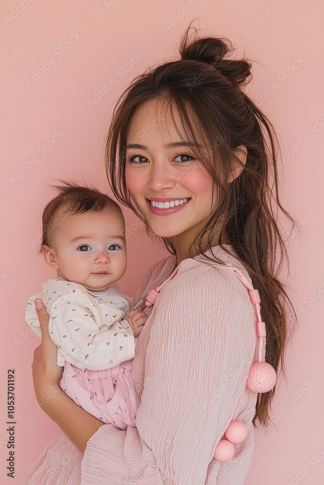 A young mother holding her baby, smiling warmly, A young mother holding her baby, smiling warmly,