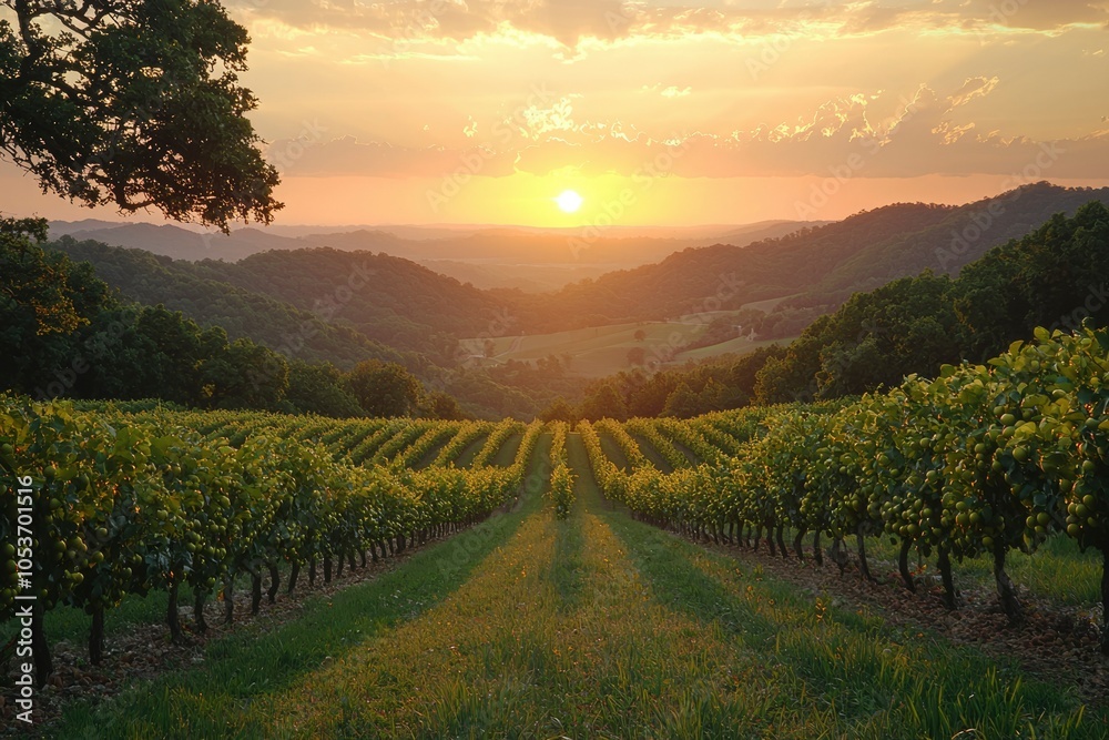 Naklejka premium Sunset over a Vineyard with Rows of Grapevines