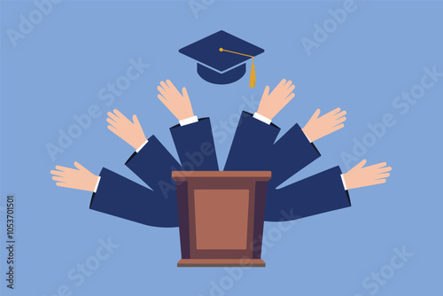 Hands wearing graduation gowns on a wooden podium with graduation cap, graduation and learning concept. photo