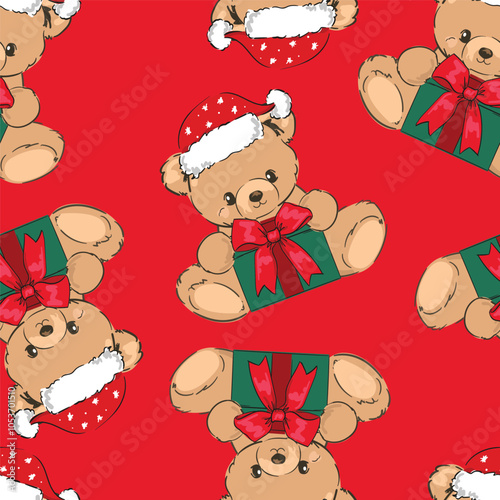 Christmas background Seamless pattern teddy bear new year print design background vector textile for kids fashion