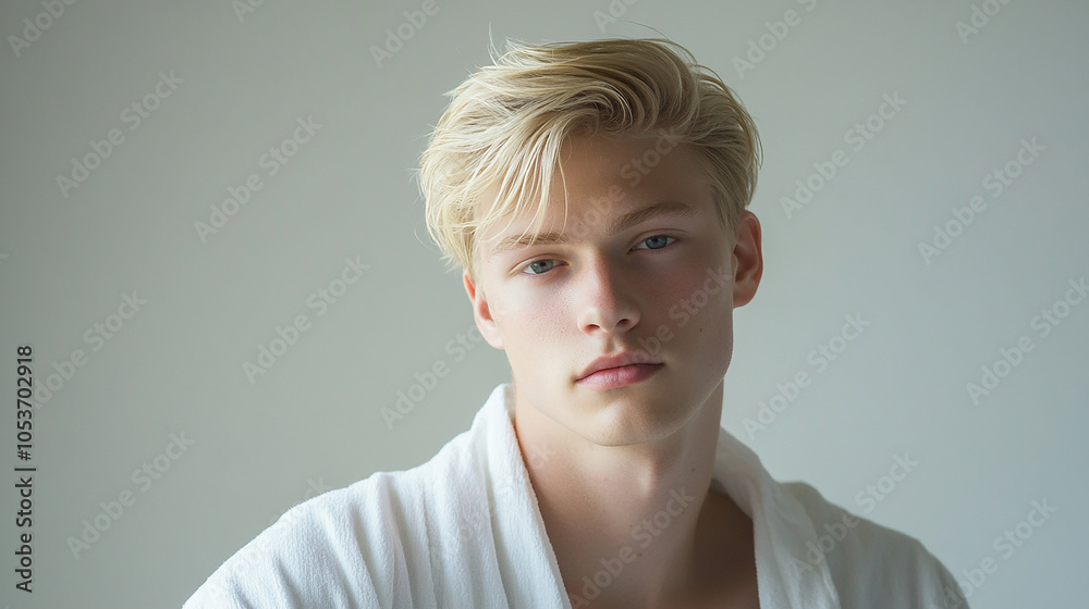 Handsome blond man in white robe Handsome blond man in white robe