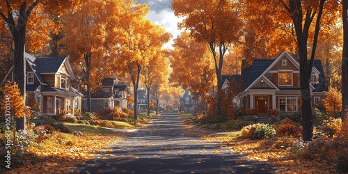 Cozy Autumn Street with Vibrant Fall Foliage