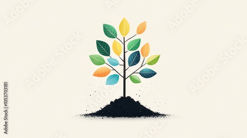 Growing Tree with Colorful Leaves and Soil Illustration