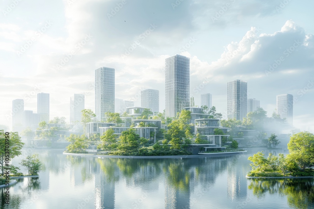 Fototapeta premium Modern cityscape with lush greenery and high-rise buildings by a serene lake under cloudy skies