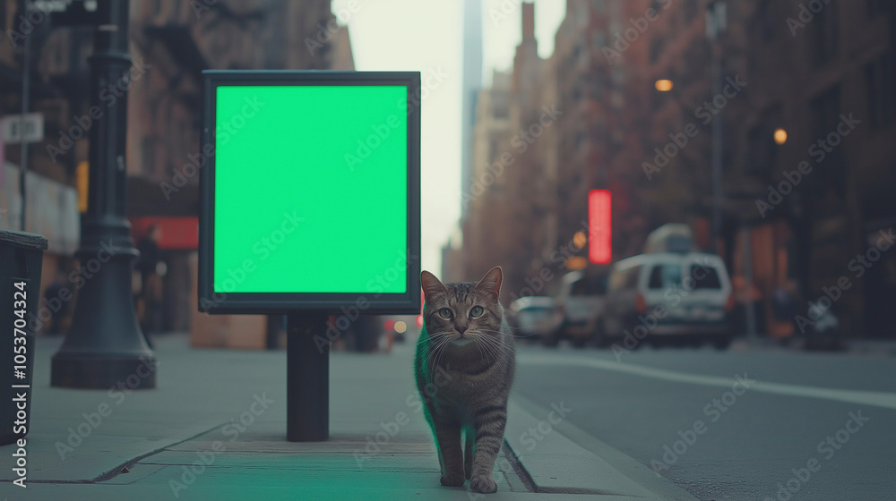 Obraz premium A cat walks down a city street past billboard with a green screen