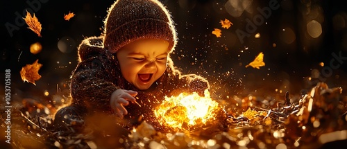 Joyful Baby Playing in Autumn Leaves