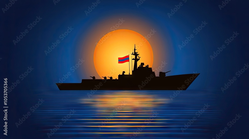 Naklejka premium A striking contrast of NATO insignia against the backdrop of a Russian warship navigating tranquil waters at sunset