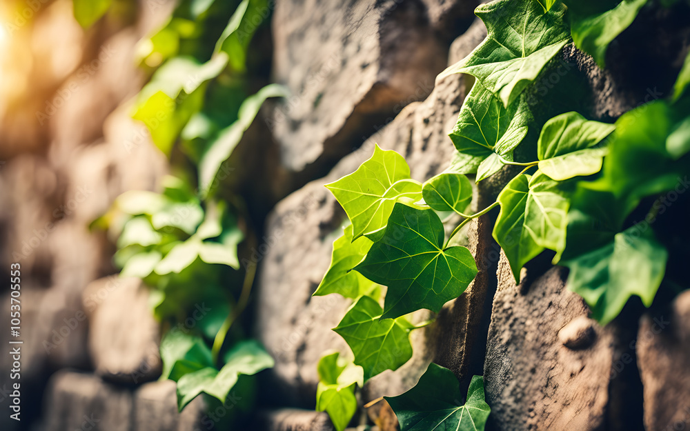 Obraz premium Macro of ivy leaves climbing wall, lush greens, filtered sunlight, urban garden ambiance, textured stone background