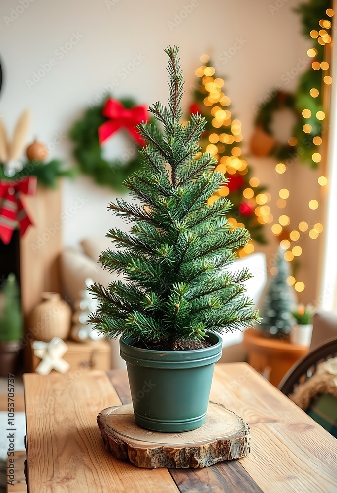 Fototapeta premium Small potted pine tree on rustic wooden table with eco-friendly holiday decorations in warm festive room created with generative AI
