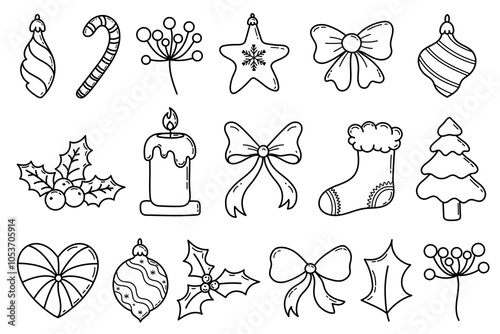 Christmas line art doodle elements set. Xmas hand draw outline ornaments set with holly, bow, candle, Christmas stockings, Christmas tree, bauble and berries 