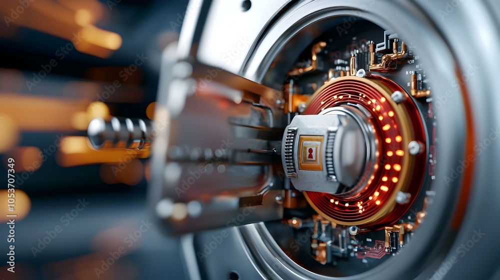 Fototapeta premium Tiny digital certificates securely locked inside a high tech vault symbolizing the protection and safety of the market and financial transactions