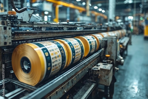 Close-up of a Printing Press with Rolls of Paper