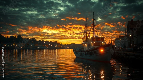 Serene Twilight Scene with Illuminated Ships and Lights photo