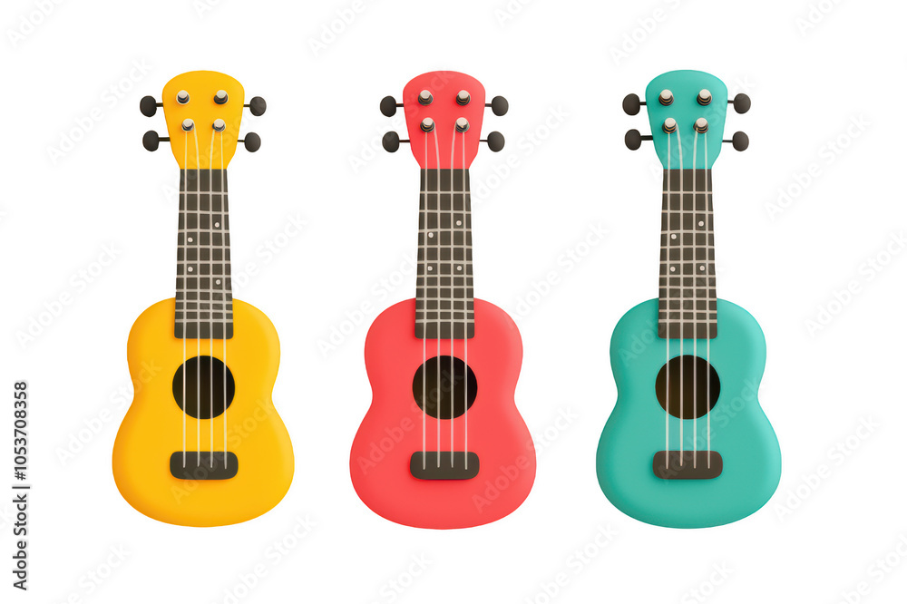 Obraz premium Brightly colored ukuleles in yellow, red, and turquoise showcase playful and vibrant design, perfect for music lovers and creative projects. 