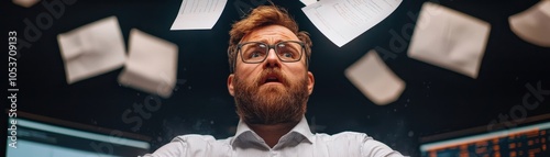 Overwhelmed by chaos a man's reaction to the stress of business papers and workload in a digital environment