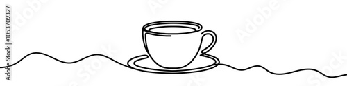 Minimalist continuous line drawing representing a cup of coffee on a saucer. Vector illustration.