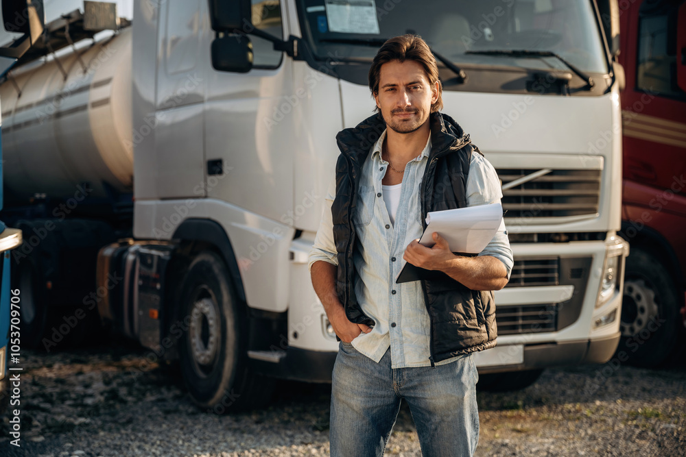 Black notepad, standing and holding it. Truck driver is near the transport outdoors Black notepad, standing and holding it. Truck driver is near the transport outdoors