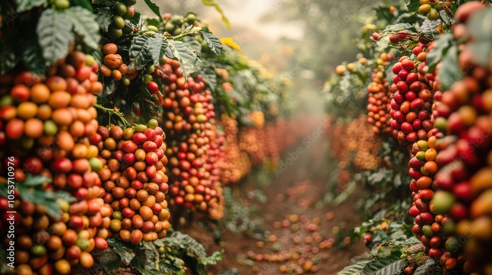 Red and Yellow Coffee Beans Hanging on a Branch in a Plantation Red and Yellow Coffee Beans Hanging on a Branch in a Plantation