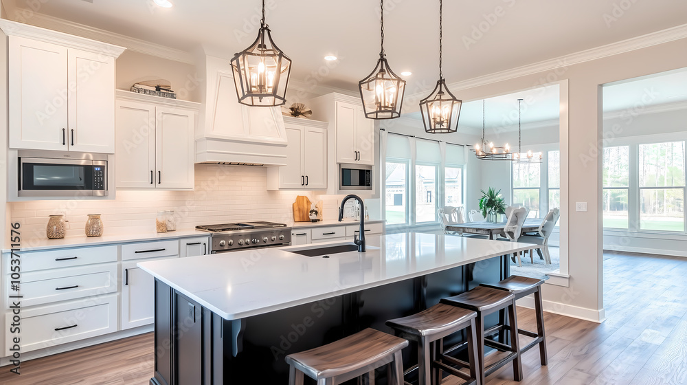 Elegant open kitchen with matte black hardware, minimalist cabinetry, and a central island with contrasting dark wood finish Elegant open kitchen with matte black hardware, minimalist cabinetry, and a central island with contrasting dark wood finish