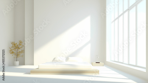 Wallpaper Mural Master bedroom with minimalist design, featuring a white bedspread, simple decor, and expansive windows for natural light Torontodigital.ca