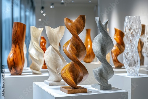 Abstract Sculptures on White Pedestals in an Art Gallery photo