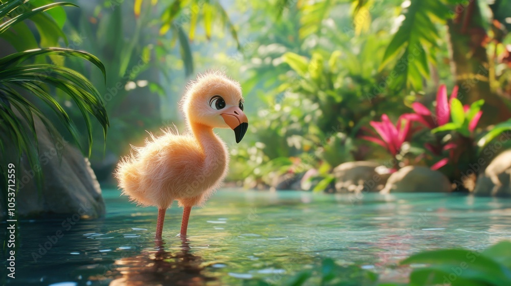 Obraz premium A cute baby flamingo in a clear lagoon, standing gracefully on one leg with vibrant foliage in the background.